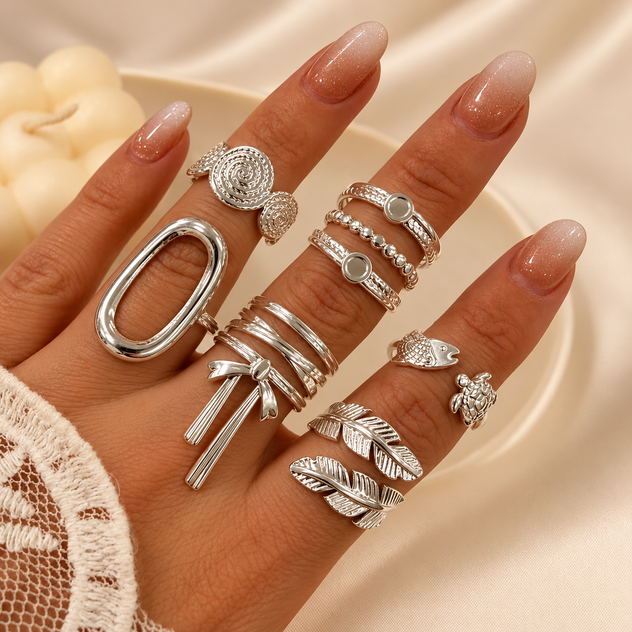 a a kit x 6 anillos ACERO BLANCO REGULABLES mix 33