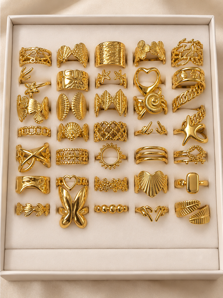 a a kit CAJA x 36 anillos regulables ACERO DORADO con caja de regalo mod 6
